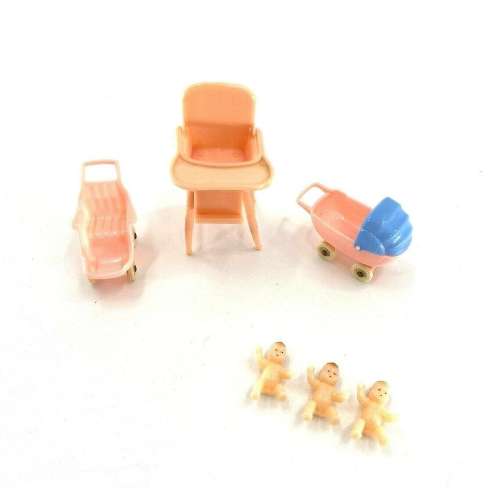 VTG ACME Dollhouse Miniature Baby Carriage Buggy High Chair Plastic with Babies